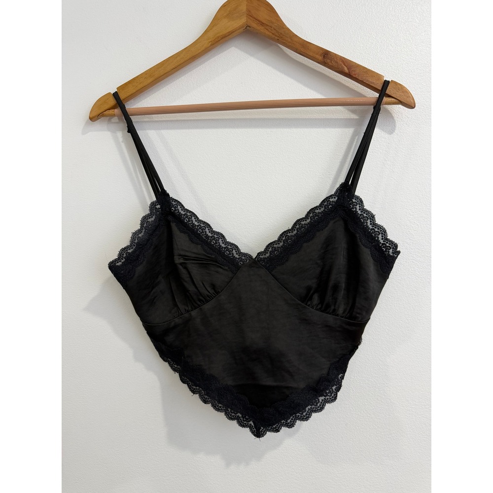 Forever 21 Black Satin Lace Trim Handkerchief Camisole Tie Back Crop Top Small